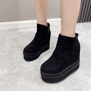 12cm Cunha Botas para Mulheres negras de Couro Camurça Plataformas de Salto Alto Ankle Boots Aumento da Altura do Calço Sapatos de Senhoras Calçado