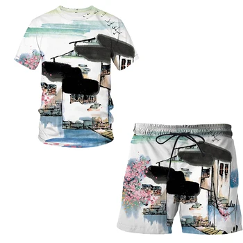 2021 Novo Chinês escova de pintura em Impressão 3D de manga Curta Terno de Homem / Mulher de Verão Roupa Casual T-shirt, shorts 2-peça de T-shirt