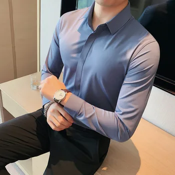 2022 Alta Elasticidade Armar Camisas para Homens de Roupas de Qualidade Superior Slim Fit Luxo Casual Camisas De Homem de Negócios Formais Tamanho S-4XL