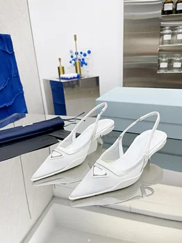 2022 Nova Moda de Calçados femininos Branco de Malha Triângulo Sandálias Slingback Dedo Apontado Med Calcanhar Slip em Bombas Artesanais de Ordem 35 - 41 0