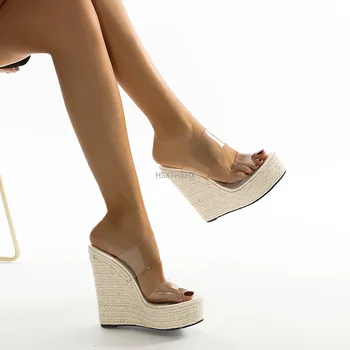 2022 Verão as Mulheres Sapatos, Chinelos de quarto Lâminas de PVC Concisa Plataforma de Cunhas Slip-On Festa do Dedo do pé Redondo Tamanho 35-42 zapatos para mulher