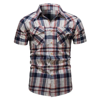 2022 verão nova Camisa Xadrez masculina casual bolso decorativo top de manga curta Lapela superior