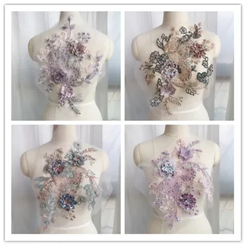 3D Quente perfuração de Laço frisado patches de bordados feitos à mão flores de lantejoulas Eugen fios Applique para DIY vestido de Noiva 1order=1PC