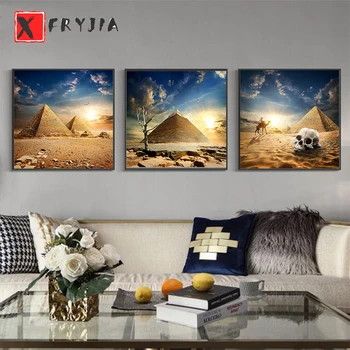 3pcsDiamond Pintura Completa Quadrado Redondo Bordado Tríptico Antiga Pirâmide Egípcia Camelo E o Crânio de Mosaico de pedra de Strass de decoração de casa