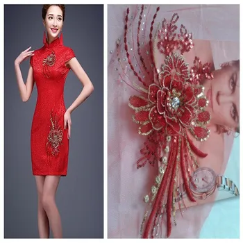 5Pieces Vermelho Bordado Estéreo Laço de Flores Guarnição Frisados de Cristal Strass Apliques de Renda Para DIY de Costura do Vestido de Casamento