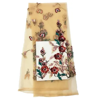 5yards 3D flores de lantejoulas com miçangas em bege malha bordado laço de tecido Africano francês de Casamento do Laço Vestido de Noiva Vestido de tecido 2
