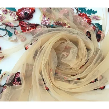 5yards 3D flores de lantejoulas com miçangas em bege malha bordado laço de tecido Africano francês de Casamento do Laço Vestido de Noiva Vestido de tecido 4