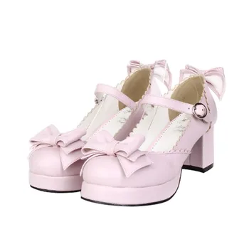 A primavera Japonesa sapatos kawaii menina do dedo do pé redondo grosso calcanhar superficial boca bowknot amor fivela de Lolita doce Princesa sapatos cosplay