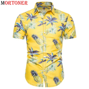 Amarelo Abacaxi Impressão de Praia Havaiana Camisa de Homens Manga Curta com Botão para Baixo Aloha Camisas Ocasionais dos homens de Férias de Férias Clothiing 2XL