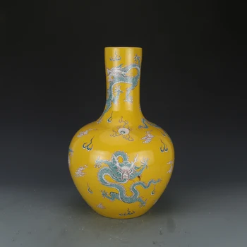 Antigo QingDynaty vaso de Porcelana,Amarelo Esmalte de Cor Verde Dragão garrafa,pintados à mão, artesanato, Casa, Decoração e Coleção