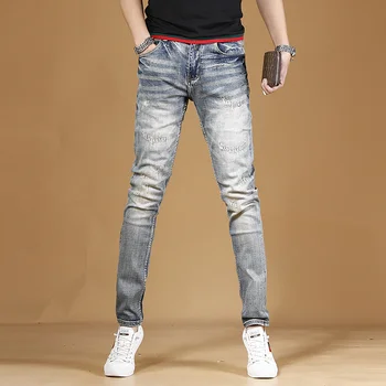 Azul De Outono, A Luz Riscado Jeans Homens Slim Fit Straight Calças De Streetwear Casual Calças Jeans Stretch