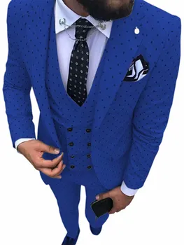 Azul Royal Homens Poika ponto do Terno 3-Peças mais recente do casaco, calça de projetos de Lapela Entalhe Smoking Padrinhos Para o Casamento/festa(Blazer+colete+Pa