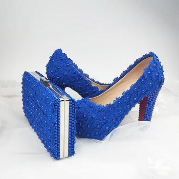 BaoYaFang Moda Grosso Calcanhar Azul Royal Flor sapatos do Casamento para a mulher de salto Alto sapatos de plataforma com correspondência de sacos de