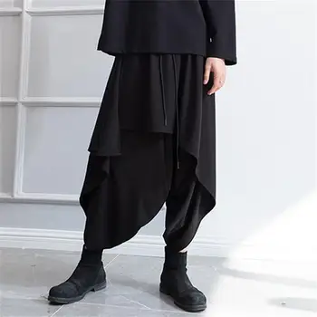 Calças masculinas da primavera e do outono estilo de saia solta calças de nove minutos de calças pretas irregulares homens harém calças casuais