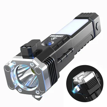 Carregamento USB Super Lanterna LED Brilhante, com Segurança Martelo Lado Luz da Tocha Portátil Luz da Lanterna de Aventura ao ar livre Iluminação