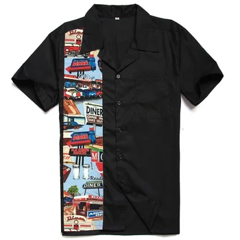 Carros de Impressão Camisa de Homens ST110 de Manga Curta de Verão de Boliche Camisas Casuais Black Rock Vintage Mens Camisas
