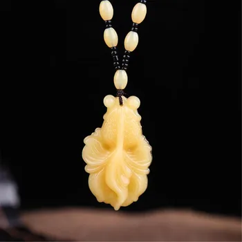 Chinês Sorte Feng Shui Esculpida Amarelo Jade Peixinho Flor De Lótus Colar Pingente 0