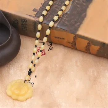Chinês Sorte Feng Shui Esculpida Amarelo Jade Peixinho Flor De Lótus Colar Pingente 2