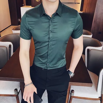 Cor-De-Rosa Camisas De Mens Vestido Verde De Manga Curta De Mens Camisas Slim Fit Elegantes Mens Camisas Coreano Moda 2020 Simples Roupa De Escritório