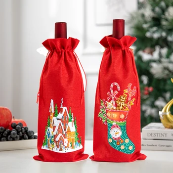DIY Diamante Pintura de Natal de garrafas de Vinho, Sacos de Cobertura Feliz Natal o Natal de Garrafa de Vinho do Cordão, Saco de Ano Novo Decoração de Mesa 3