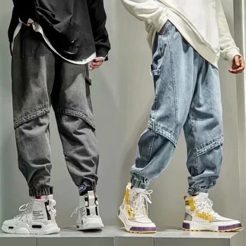 Dos Homens de moda Jeans em Calças de Hip Hop e Streetwear Corredores de Homens de jeans Carga Calça Casuais Roupas de Cintura Elástica Homens de Calças Tamanho S-5XL