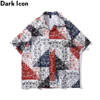 Escuro Ícone Geométricas, de Lenço, Camisa de Homens Verão Vintage Camisas masculinas Material de Peso Paisley Camisas de Homem