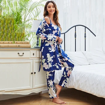Estampa Floral de Lingerie, Pijamas Femininos Cami alto E Longo Panelas com Corda Conjunto Sexy de Cetim de Seda Conjuntos de Pijamas