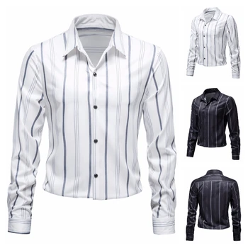 Estilo europeu masculino Prata Camisa Listrada Caimento Solto Business Casual Camisa de manga comprida