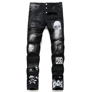 Homens da moda de jean trendyol streetwear Punk calca rock motocicleta Crânio e ossos impresso calças de brim dos homens