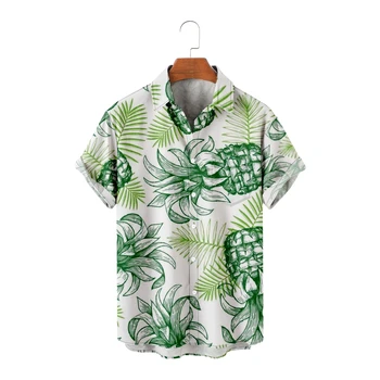 Homens de Camisa Havaiana solta top verde abacaxi imprimir a camisa dos homens de moda camisa T-shirt masculina respirável verão manga curta