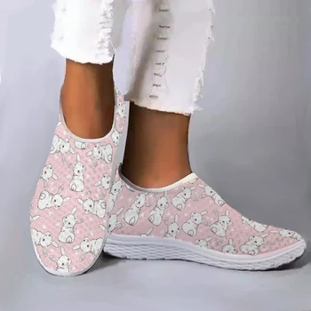 INSTANTARTS Lindo Coelho Branco de Impressão Leve e Respirável Sapatos de Mulher de Malha de Luz Preguiçoso Sapatos Para Meninas Adolescentes Apartamento Sapatos 0