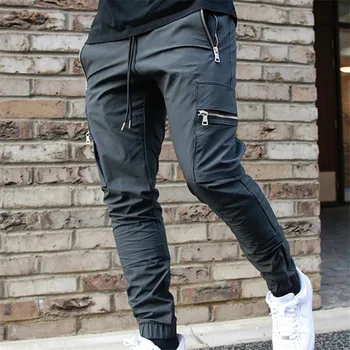 Jogger Calça com Faixa Calças Homens Slim Fit Treino Calças Masculinas Multi-bolso Casual Calças Skinny Homens do Design com Zíper Sportswear