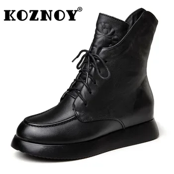 Koznoy 5cm Retro Ankle Boots Étnica de Couro Genuíno Zíper Mulheres de Plataforma Cunha Oculto Calcanhar Macio Confortável antiderrapante de Pelúcia Quente Sapatos