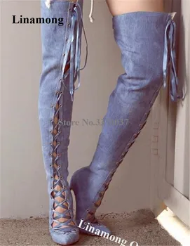 Linamong Moda Dedo Apontado Jeans Azul Sobre o Joelho, Salto Agulha Gladiador Botas de Cut-out de Lace-up Slim Longas Botas de Salto Alto