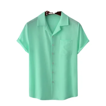Luz Gren Verão Novas Camisas para Homens Moda Tops Tendência Casual Cor Sólida Lapela Curto mangas de Camisa de Camisas Para Homem