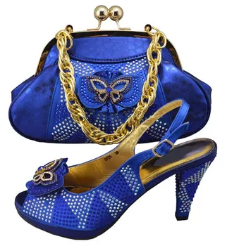 Mais fashon azul Africana senhoras bomba sapatos saco de correspondência conjunto com strass para vestido GF25,salto 10cm