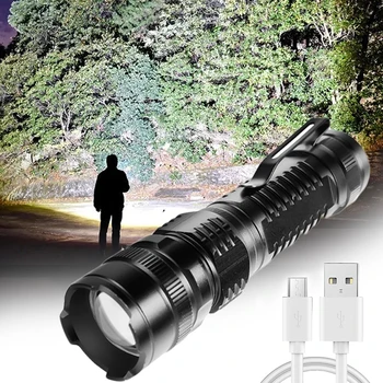 Mini Foco da Lanterna elétrica Recarregável USB Forte Lanterna com Caneta Clipe Impermeável Exterior de Viagem de Acampamento, Lanterna Portátil