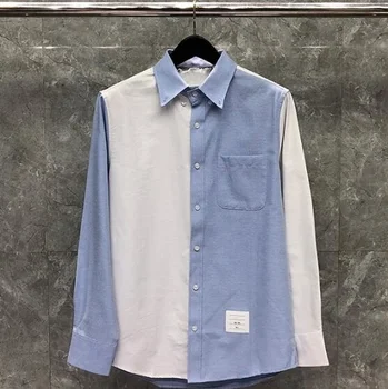 Moda 2021 TB THOM Marca de Camisas para Homens Slim Branco Azul de Retalhos de Manga Longa Camisa Casual virada para Baixo de Gola Oxford Roupas masculinas
