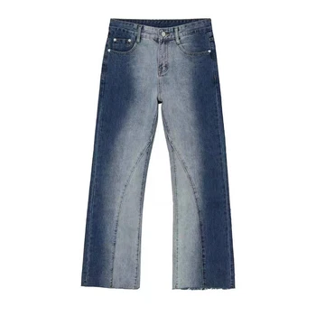Moda Gradiente mudou um pouco de babados, jeans versão coreana do comprimento da perna reta casual calças tendência de Homens e Mulheres Jeans