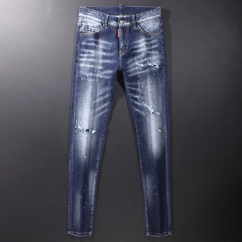 Moda Streetwear Homens Jeans Retro Azul Elástico De Ajuste Fino Ripped Jeans Homens Pintados De Estilistas Da Marca Vintage Casual, De Jeans, Calças