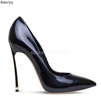 Mulheres de salto alto de metal finas de calcanhar, dedo apontado sexy bombas de patente preto de couro feminino vestido de festa tênis slip-on único sapatos