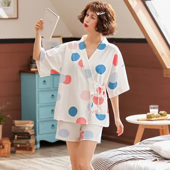 Mulheres de verão do algodão das senhoras pijama fresco casaquinho de quimono Japonês meia manga com cinto casual de duas peças de conjuntos de pijama pijama conjunto
