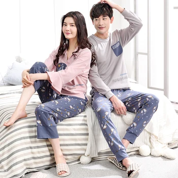 Mulheres e homens novo casal de pijama de manga longa, calças coreano 2019 a primavera e o outono de algodão homens e mulheres bonitos conjuntos de pijama