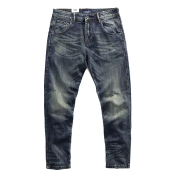 Nova primavera e outono homens de calças compridas Americano casual areia lavada macia usada grosso reta elástica jeans