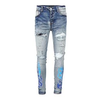 Novo 2022 dos Homens de moda jeans impresso joelho buraco rasgado magro calças jeans rasgado homens de jeans, calças tendência casual jeans para homens