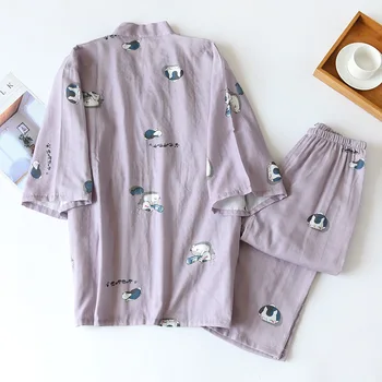 Novo Japonês-estilo quimono de duas peças par de pijamas para cobrir os homens e mulheres de puro algodão, gaze gatinho bonito fina home service plus size