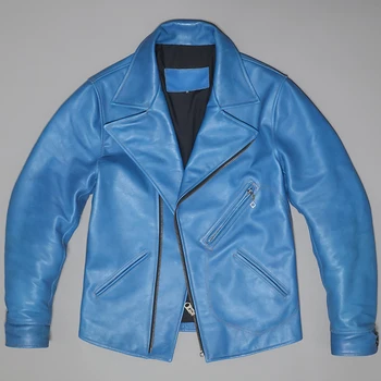 O envio gratuito.Legal os homens motor Piloto genuíno casaco de couro.Ciclo clássico motociclista slim azul jaqueta de couro.qualidade de pano de couro