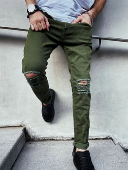 O Verão Masculino Novo Mendigo Ripped Jeans Slim Trecho Casual Verde Do Exército De Moda Motociclista Calça Hip Hop Roupas De Algodão Respirável