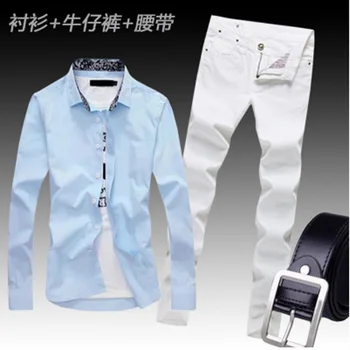 Outono de homens de camisa de mangas longas terno de Jeans, calças slim fit moda slim fit bonito casual forro de roupas