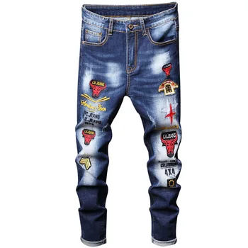 Perna reta Calças Rhino Head Bordados e Plissados Motocicleta Calças Jeans 2020 Homens Fino da Marca, o Designer de Jeans, Calças de Homens